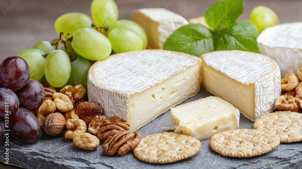 Cheese platter with grapes, nuts, and crackers on a rustic wooden surface. Cheese platter with grapes, nuts, and crackers on a rustic wooden surface.
