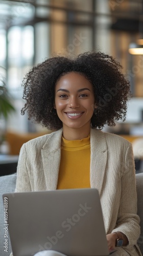 Cheerful businesswoman on sofa with laptop in office, Generative AI