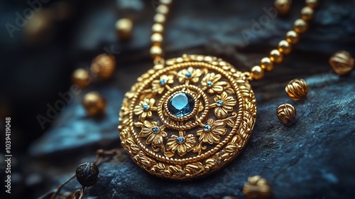 Gold heirloom necklace with ornate patterns and baroque detailing resting on a minimalistic stone background capturing the elegance of historical gold craftsmanship