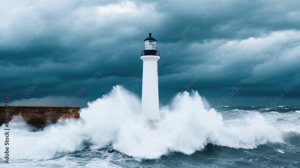 Powerful ocean waves crashing against a lighthouse during a dramatic storm showcasing the unstoppable force and energy of the turbulent seas and the resilience of the coastal structure Powerful ocean waves crashing against a lighthouse during a dramatic storm showcasing the unstoppable force and energy of the turbulent seas and the resilience of the coastal structure