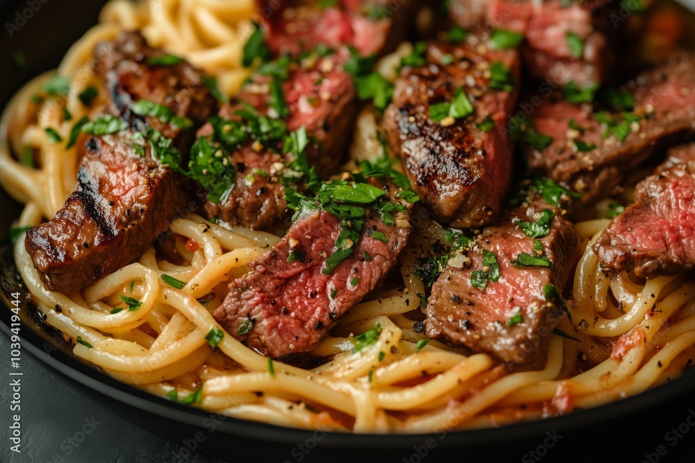 pasta linguine with meat, top view pasta linguine with meat, top view