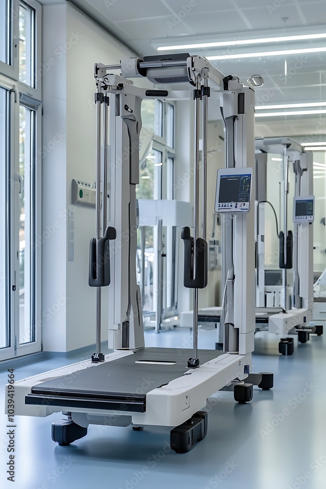 Hospital orthopedic rehabilitation center equipped with robotic walking aids and motion analysis.
