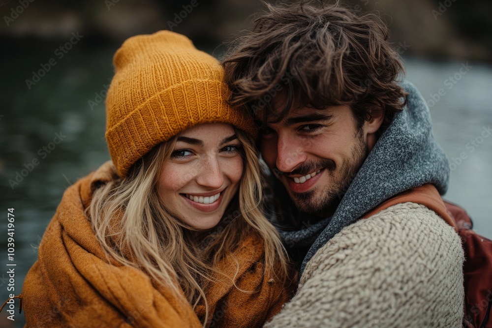 Happy young couple camping in nature, Generative AI Happy young couple camping in nature, Generative AI