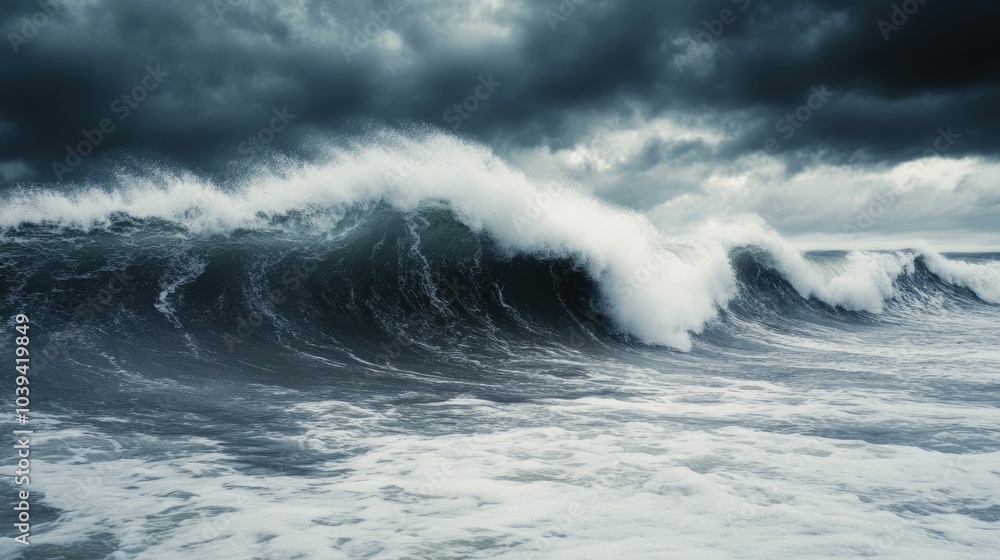 Obraz premium Dramatic image of a towering tsunami wave approaching the shoreline showcasing the immense power and destructive force of nature s most formidable water phenomena The image captures the turbulent