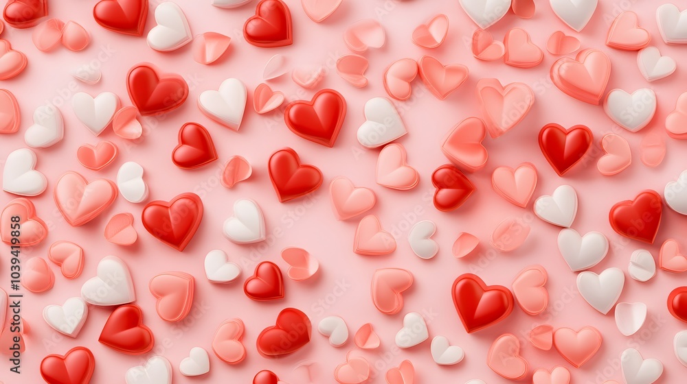 A scattered arrangement of red, pink, and white heart-shaped candies on a soft pink background, evoking a sweet and romantic feel.. A scattered arrangement of red, pink, and white heart-shaped candies on a soft pink background, evoking a sweet and romantic feel..