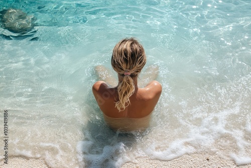 Woman enjoying the cold sea water at the beach, Generative AI