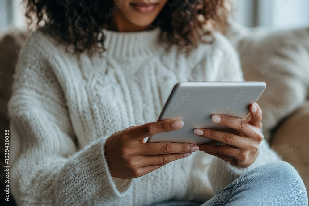 Woman using her digital tablet at home, Generative AI