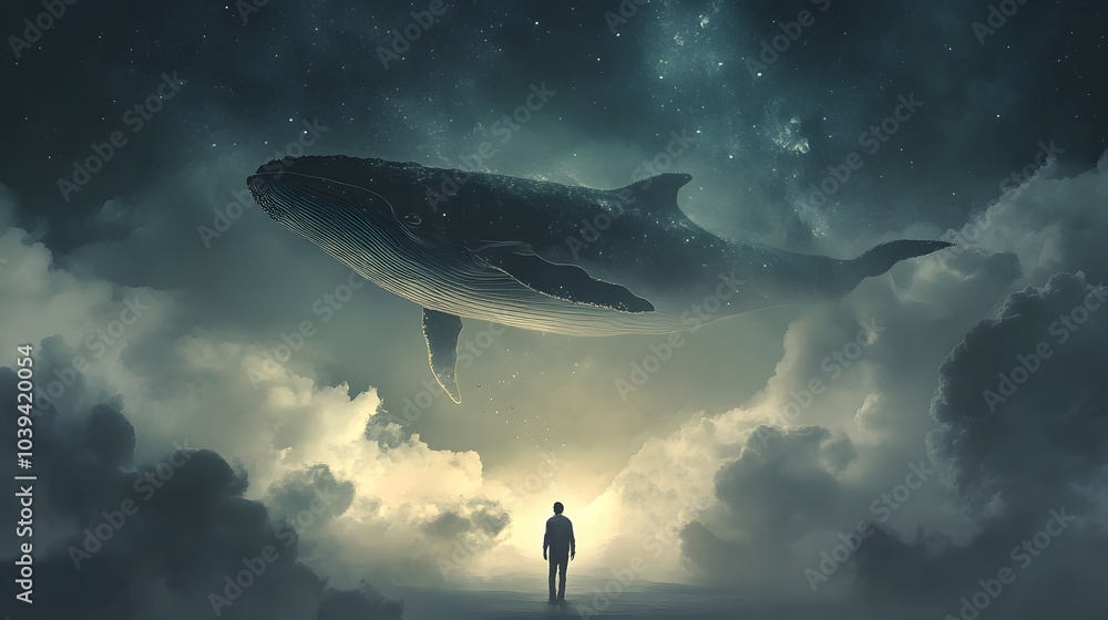 Fototapeta premium A surreal scene of a man standing before a giant glowing whale floating in a mystical, foggy landscape under the stars..