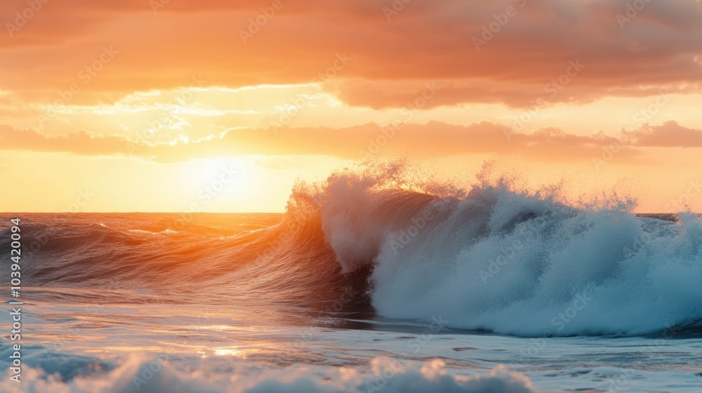 Dramatic image of a powerful tidal wave crashing against the shore at a stunning sunrise with the sun s rays reflecting off the tumultuous ocean waters creating an and majestic natural scene Dramatic image of a powerful tidal wave crashing against the shore at a stunning sunrise with the sun s rays reflecting off the tumultuous ocean waters creating an and majestic natural scene