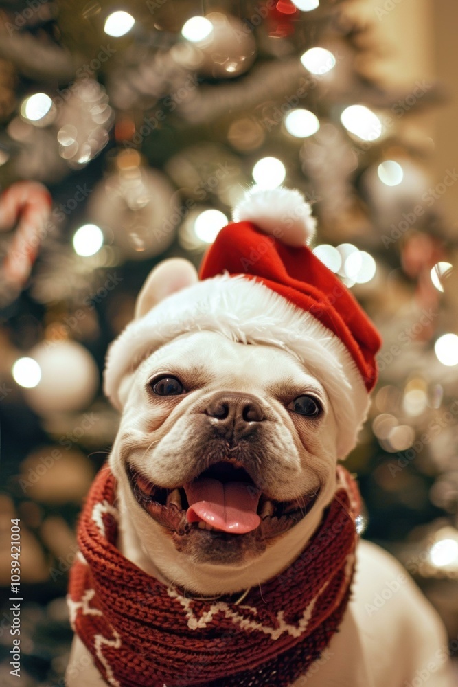 A dog wearing a Santa hat smiles at the camera. AI. A dog wearing a Santa hat smiles at the camera. AI.