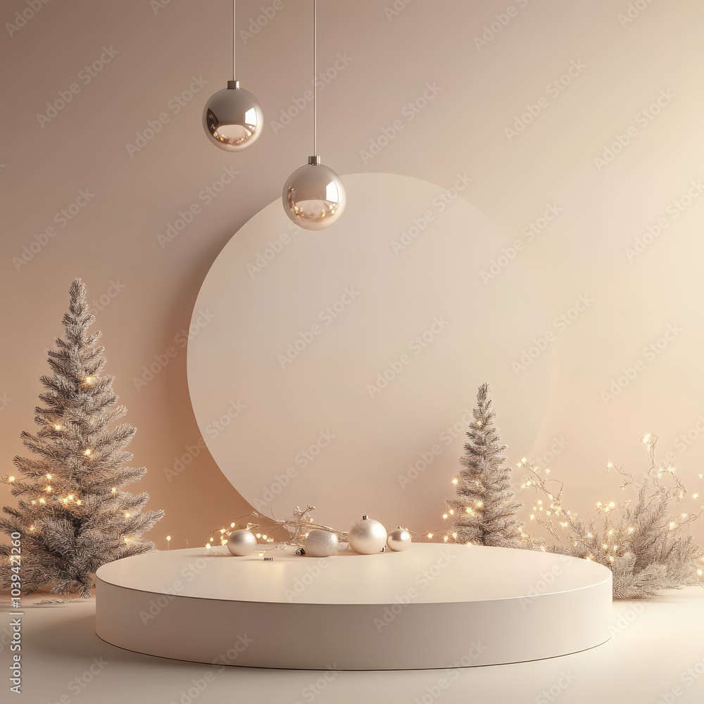 minimalist winter scene features empty product podium with single color background, surrounded by frosted trees and glowing lights. Metallic ornaments add festive touch minimalist winter scene features empty product podium with single color background, surrounded by frosted trees and glowing lights. Metallic ornaments add festive touch