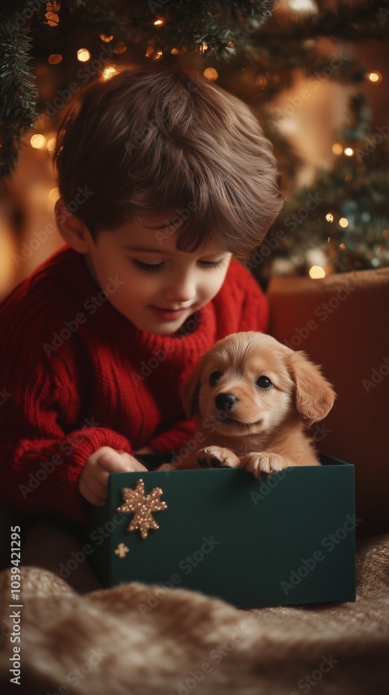 A young child opens a holiday gift box with a puppy inside, illuminated by festive Christmas tree lights. A young child opens a holiday gift box with a puppy inside, illuminated by festive Christmas tree lights.