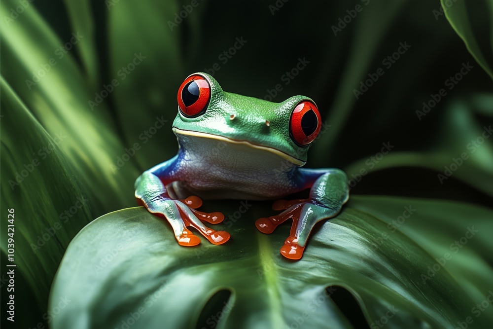 Vibrant red-eyed tree frog perched on lush green leaf, showcasing striking colors and rainforest habitat. Vibrant red-eyed tree frog perched on lush green leaf, showcasing striking colors and rainforest habitat.
