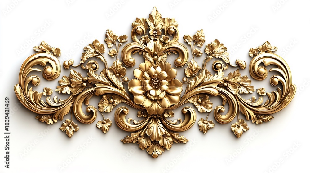 Grand gold Baroque ornament with intricate floral swirls and scrollwork featuring luxurious vintage details and classical elements set on a pristine white background with an opulent Renaissance flair Grand gold Baroque ornament with intricate floral swirls and scrollwork featuring luxurious vintage details and classical elements set on a pristine white background with an opulent Renaissance flair