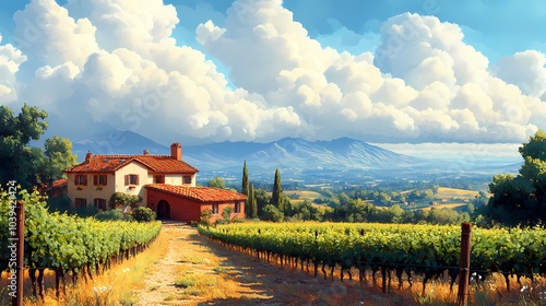 Scenic Italian Villa Vineyard with Farmhouse and Distant Mountains Under a Bright Sky