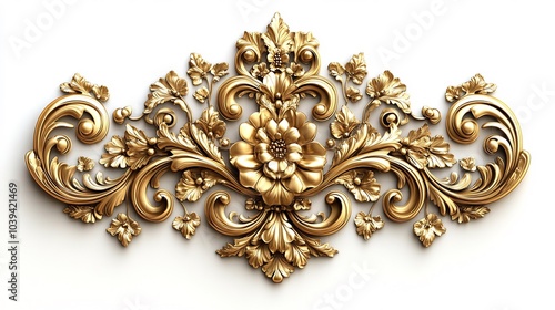 Grand gold Baroque ornament with intricate floral swirls and scrollwork featuring luxurious vintage details and classical elements set on a pristine white background with an opulent Renaissance flair