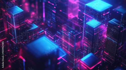 Abstract futuristic city with glowing neon lights and digital lines.