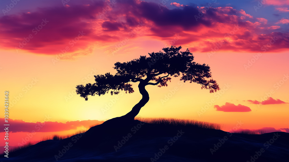A tree casts a striking silhouette on a hill, framed by a colorful sunset with deep orange and purple hues A tree casts a striking silhouette on a hill, framed by a colorful sunset with deep orange and purple hues
