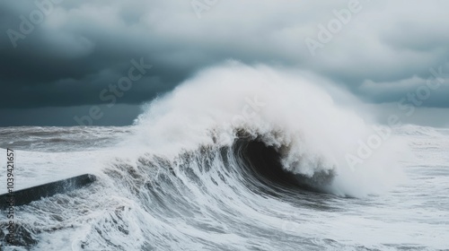 Powerful ocean waves crashing against a sturdy seawall representing the endless battle between human structures and the raw untamed forces of nature