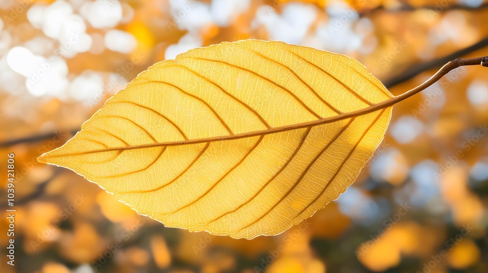 Obraz premium A detailed shot of a yellow autumn leaf with sunlight filtering through its veins, surrounded by warm, golden bokeh..