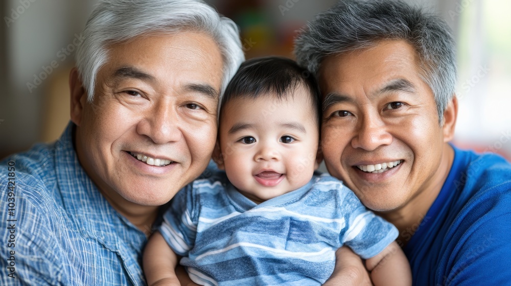 Happy Multi Generational Family Portrait Asian Grandparents and Baby Boy Happy Multi Generational Family Portrait Asian Grandparents and Baby Boy