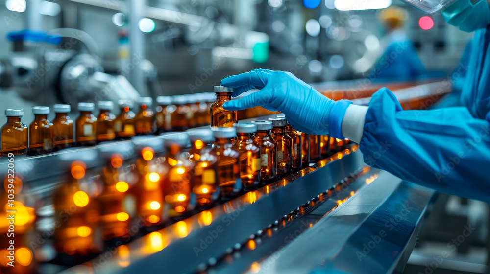 Fototapeta premium Pharmacist scientist in sanitary gloves examining medical vials on production line in pharmaceutical factory, manufacturing prescription drugs, medication mass production healthcare industry