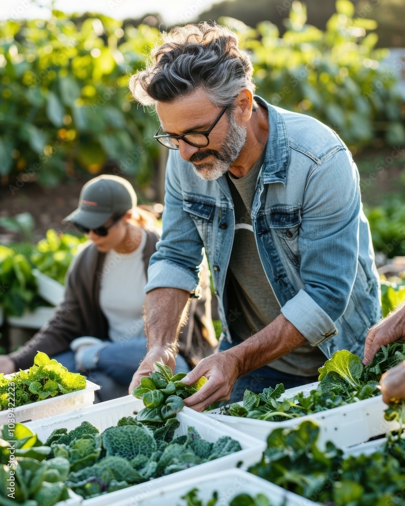 A man carefully inspects a tray of fresh green leafy vegetables. AI. A man carefully inspects a tray of fresh green leafy vegetables. AI.
