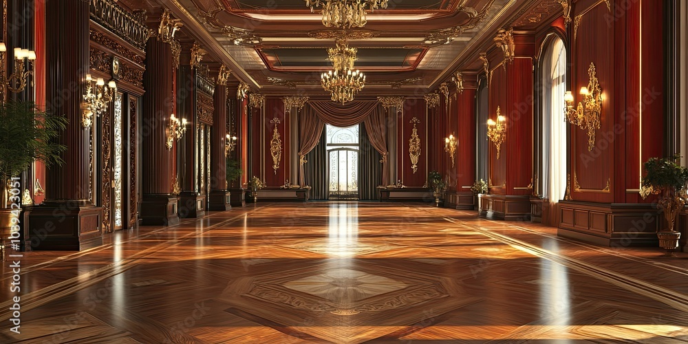 Obraz premium luxury scarlet hotel ballroom with wooden intricate royal carving wall and elegant wooden floor 