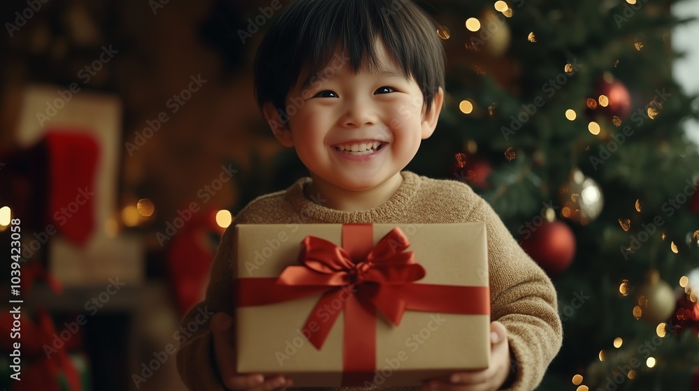 Smiling child holding a wrapped gift with a red bow in front of a festive Christmas tree, exuding holiday joy. Smiling child holding a wrapped gift with a red bow in front of a festive Christmas tree, exuding holiday joy.