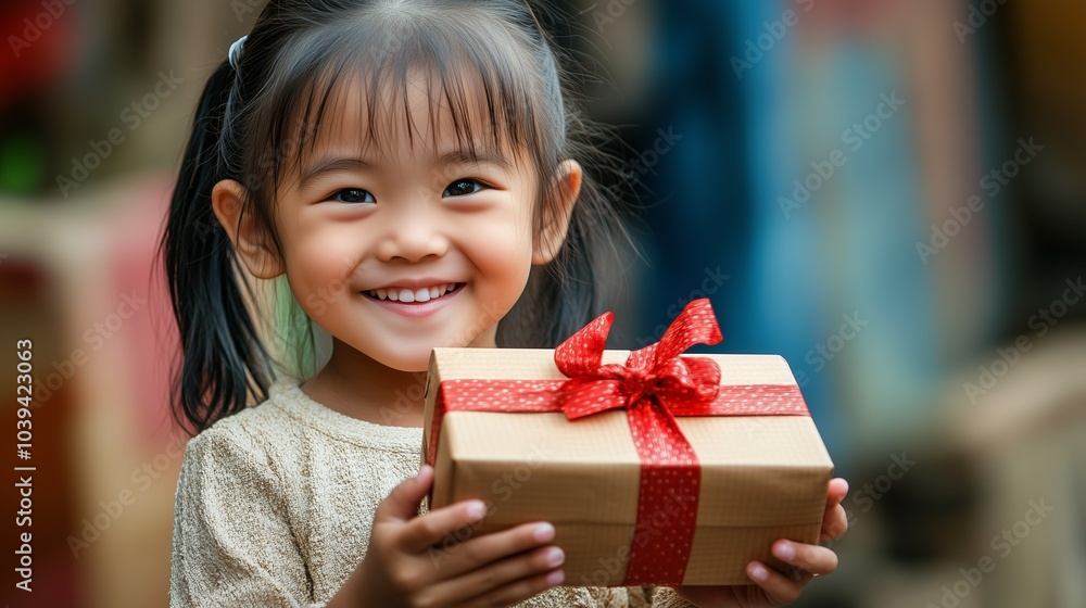Smiling young girl with a holiday gift, standing in front of a festive Christmas tree with glowing lights. Smiling young girl with a holiday gift, standing in front of a festive Christmas tree with glowing lights.