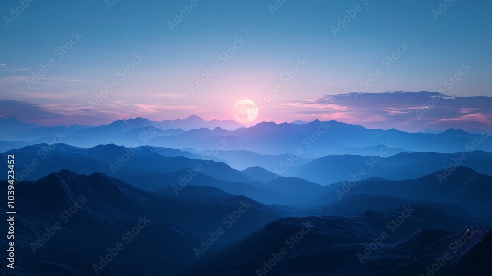 A beautiful mountain range with a large moon in the sky A beautiful mountain range with a large moon in the sky