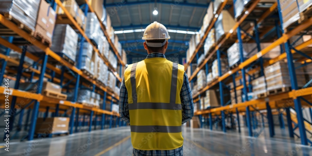 A worker in a safety vest stands in a warehouse. AI. A worker in a safety vest stands in a warehouse. AI.