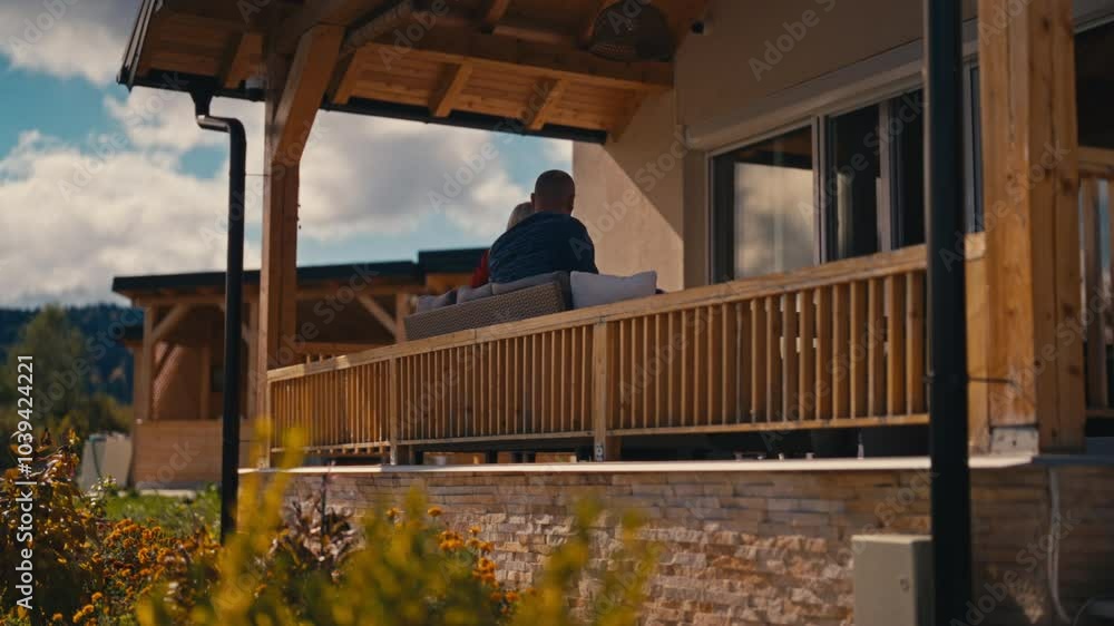 Couple wrapped in a blanket enjoying a peaceful moment on their cottage houses's terrace. Concept of love, comfort, togetherness, and tranquility in an outdoor setting Couple wrapped in a blanket enjoying a peaceful moment on their cottage houses's terrace. Concept of love, comfort, togetherness, and tranquility in an outdoor setting