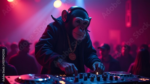 Funny Fancy Chimp in the Night Club is Dancing on Stage, DJ set photo