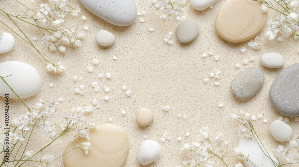 Delicate Pebble and Flower Arrangement on Sandy Surface for Skincare Product Display with Cinematic Light Aesthetic Delicate Pebble and Flower Arrangement on Sandy Surface for Skincare Product Display with Cinematic Light Aesthetic