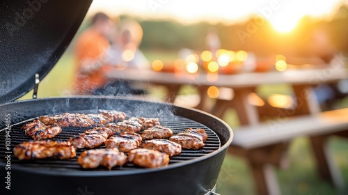 Grilling delicious meat outdoors at a sunny picnic gathering.