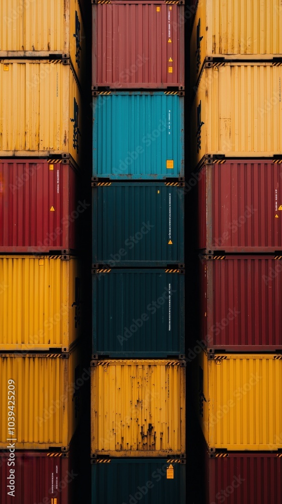 Fototapeta premium Colorful Stacked Shipping Containers in Urban Environment
