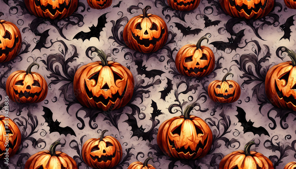 A spooky wallpaper pattern of grinning jack-o'-lanterns in orange and black, accented with swirling vines and bats, all in a soft watercolor style against a muted purple background A spooky wallpaper pattern of grinning jack-o'-lanterns in orange and black, accented with swirling vines and bats, all in a soft watercolor style against a muted purple background