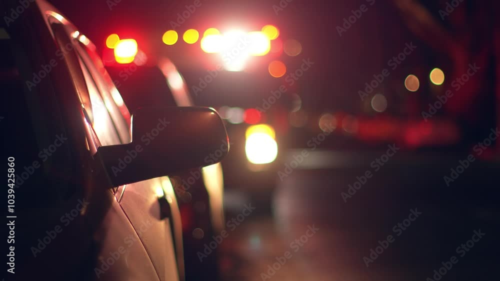 Ambulance car flashing red and blue emergency lights in city night street. Fire truck in blurred background.