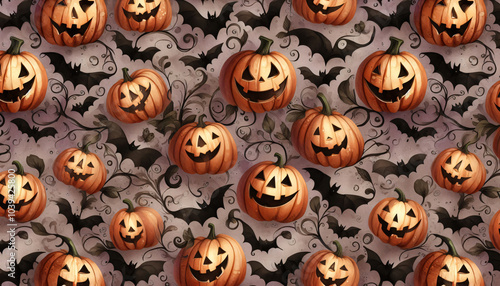 A spooky wallpaper pattern of grinning jack-o'-lanterns in orange and black, accented with swirling vines and bats, all in a soft watercolor style against a muted purple background