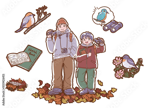 秋のバードウォッチングのイラストセット