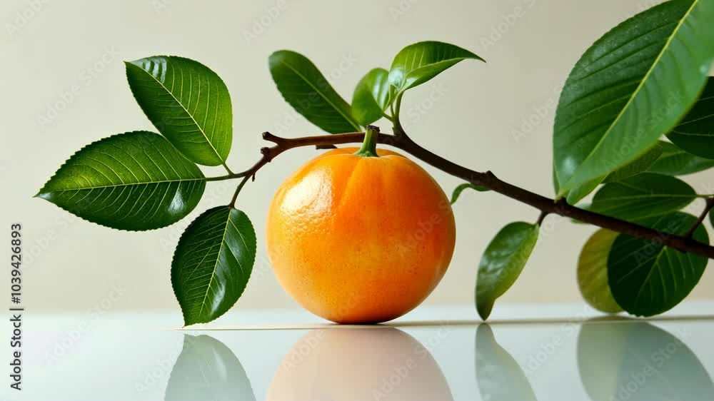 A ripe orange hangs from a branch with vibrant green leaves on a white surface A ripe orange hangs from a branch with vibrant green leaves on a white surface