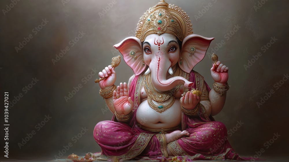 Divine Lord Ganesha in Meditative Posture with Symbolic Attributes Divine Lord Ganesha in Meditative Posture with Symbolic Attributes