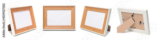 Desktop photo frame, Vertical standing brown wooden picture frame on white background,