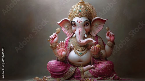 Divine Lord Ganesha in Meditative Posture with Symbolic Attributes