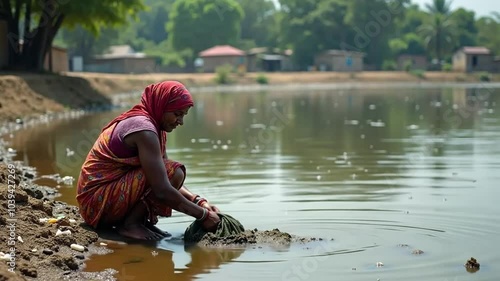 In a village with modest homes, a woman washes clothes by a polluted river.