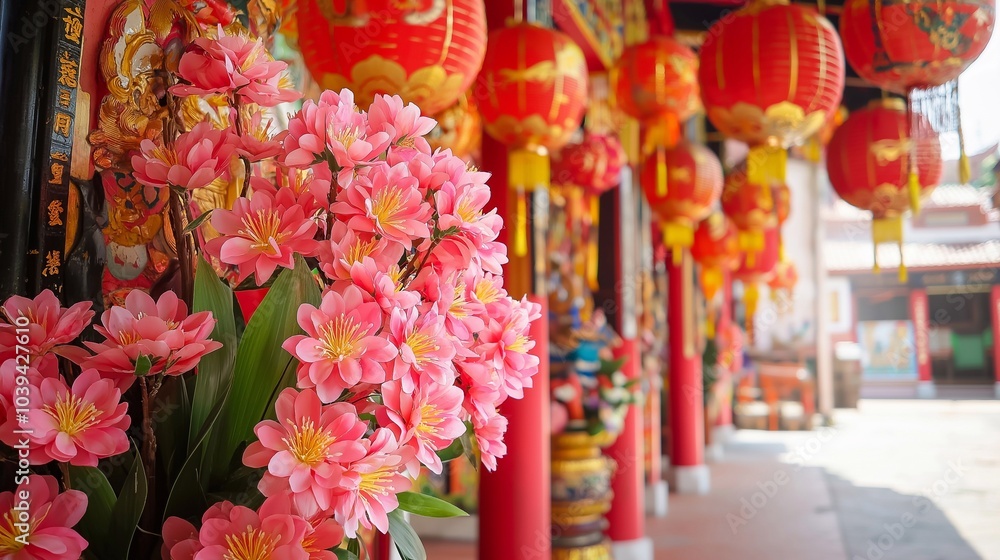 Fototapeta premium A vibrant temple adorned with colorful Mahayana New Year decorations, lanterns, banners, flowers. The bright and festive atmosphere the joy of celebration, cultural traditions spiritual significance