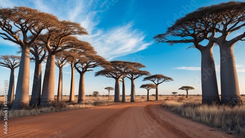 Dusty road surrounded by baobab trees under a blue sky in Africa during the day. photo