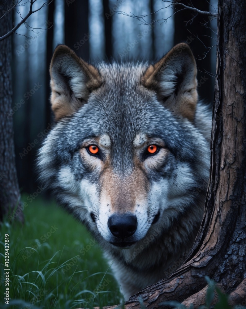 Fototapeta premium A tight shot of a wolf with radiant red eyes amidst a dark forest Surrounding environment includes grass and trees.