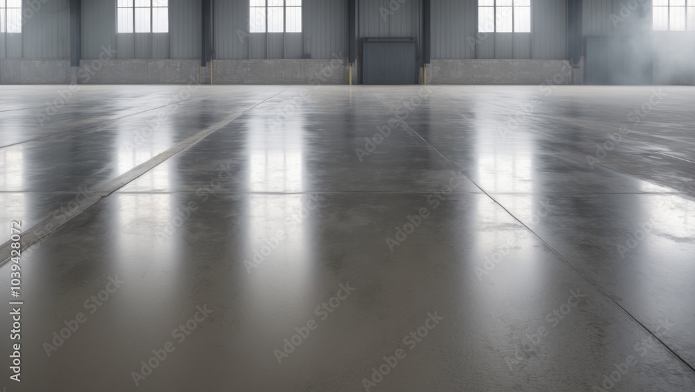 Fototapeta premium An empty warehouse with expansive floor space and polished concrete in a clean industrial look is ready for storage or manufacturing.